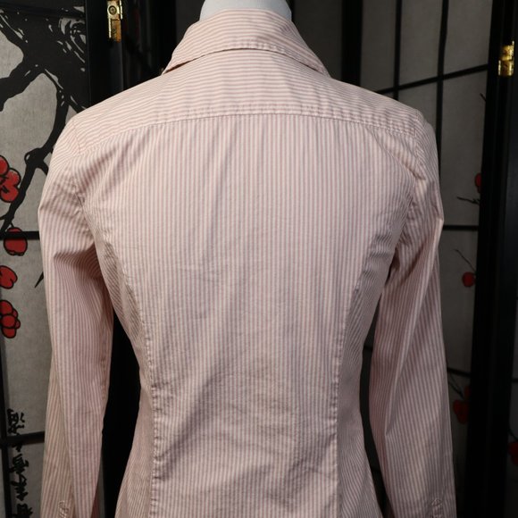 Express Essential Stretch Long Sleeved Shirt w/ Shades of Pink Pinstripes, Small - Picture 3 of 6